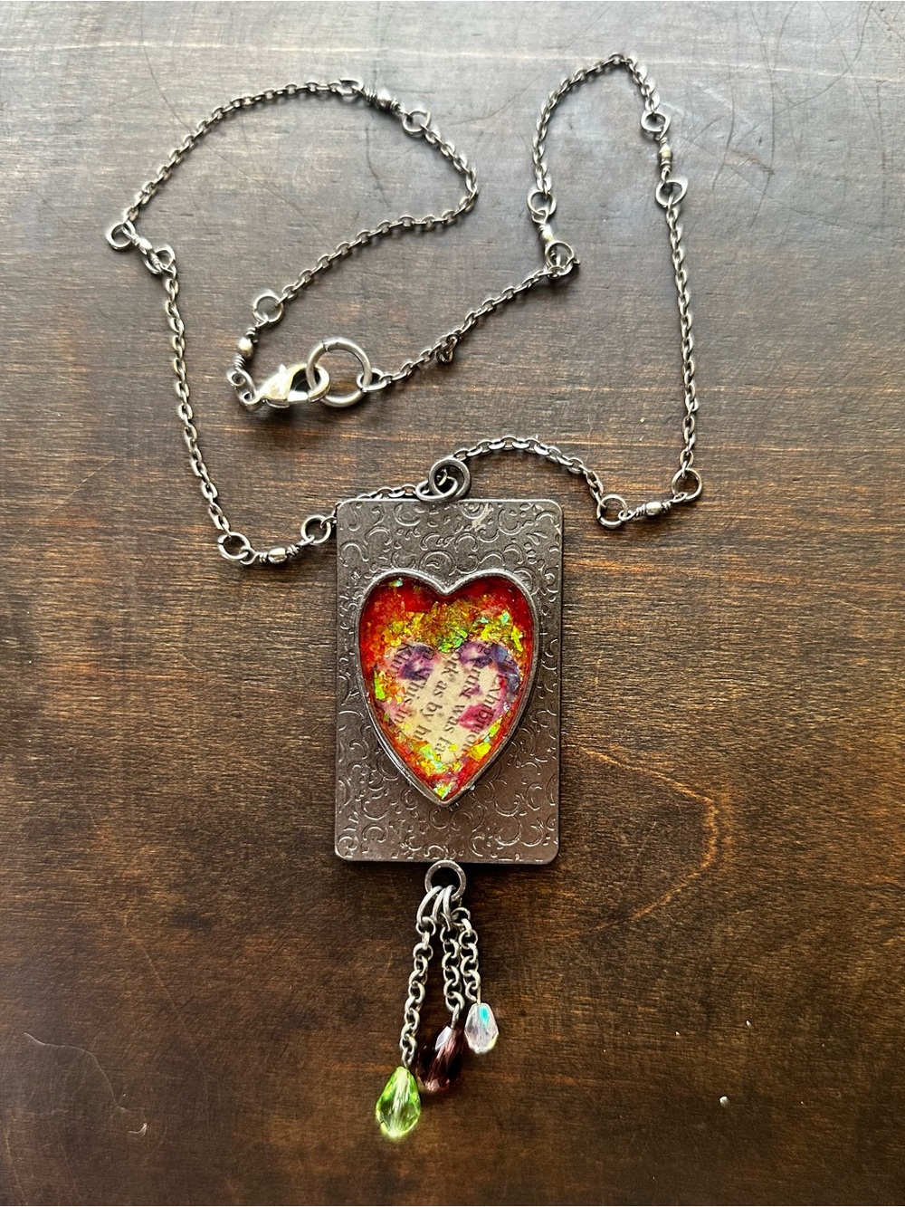 Hand Crafted Silver Necklace with Red Heart and Multicolor Accents